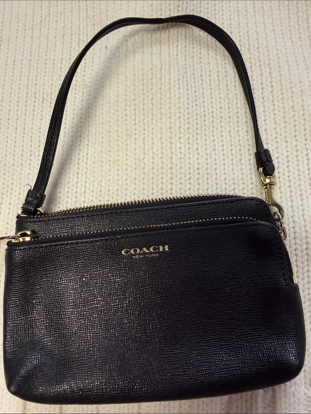 Coach Black Crossgrain Leather Double Zip Wristlet Wallet